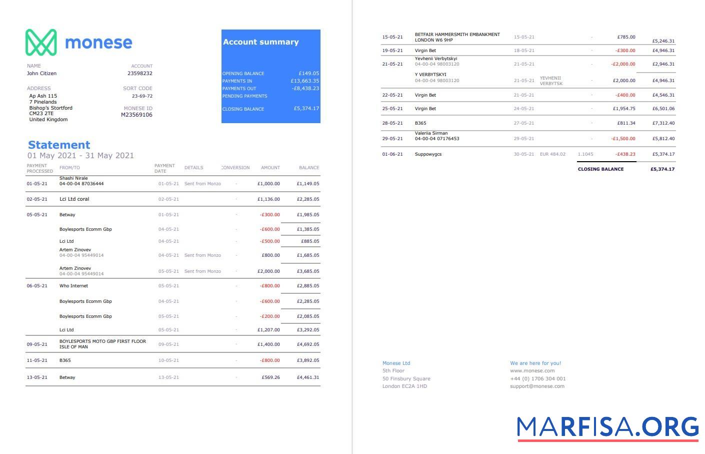 Blank United Kingdom Monese bank statement excel 2 pages2 example